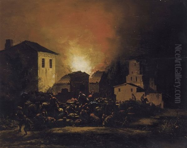 Fire At Night (1664) Oil Painting by Egbert van der Poel