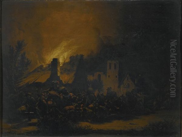 A Fire In A Village At Night Oil Painting by Egbert van der Poel