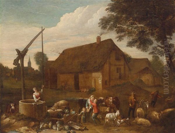 In A Farmyard Oil Painting by Egbert van der Poel