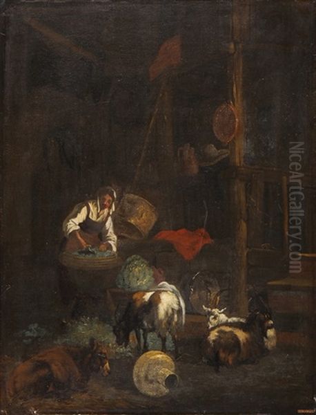 Stallinneres Mit Frau Beim Kohlschneiden Oil Painting by Egbert van der Poel
