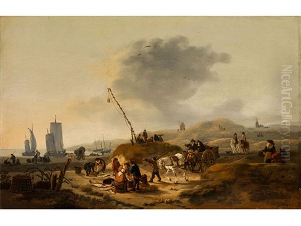 Blick Auf Die Mit Fischersleuten Bevolkerten Dunen Am Scheveninger Strand Oil Painting by Egbert van der Poel
