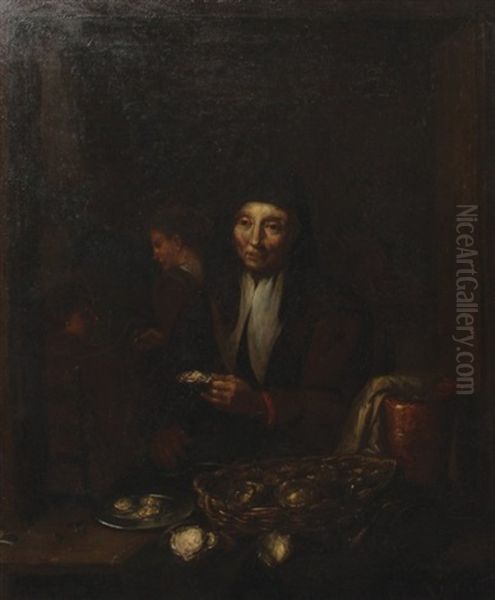 Oyster Stall Oil Painting by Egbert van der Poel
