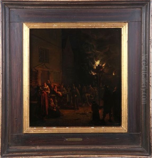 A Nocturnal Village Scene On The Oude Delft, With Numerous Figures Gathered Around A Burning Tar-barrel Oil Painting by Egbert van der Poel