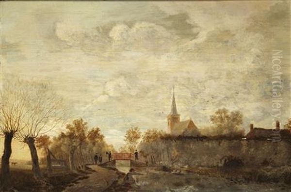 Figures On A Canalside Oil Painting by Egbert van der Poel