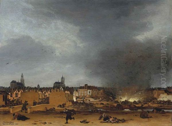 A View Of Delft With The Explosion Of 1654 Oil Painting by Egbert van der Poel