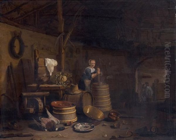 Le Barattage Du Beurre Dans Un Interieur De Cuisine Oil Painting by Egbert van der Poel
