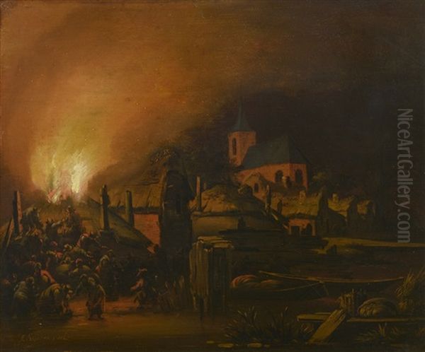 Incendie D'une Ferme Oil Painting by Egbert van der Poel