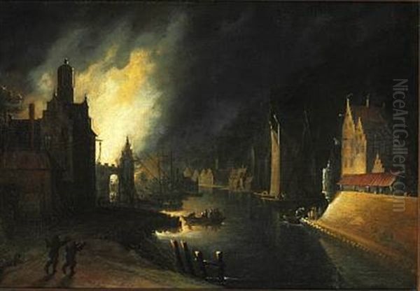 A Fire Near A Canal In The Middle Of The Night Oil Painting by Egbert van der Poel