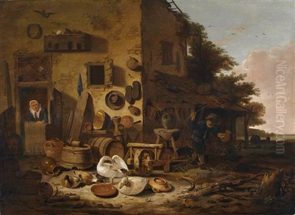 Eine Kuchenmagd In Der Tur Eines Bauernhauses Oil Painting by Egbert van der Poel
