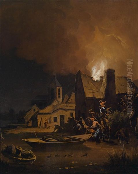 Ein Brennendes Haus, Unten Rechts Reste Eines Monogramms Oil Painting by Egbert van der Poel
