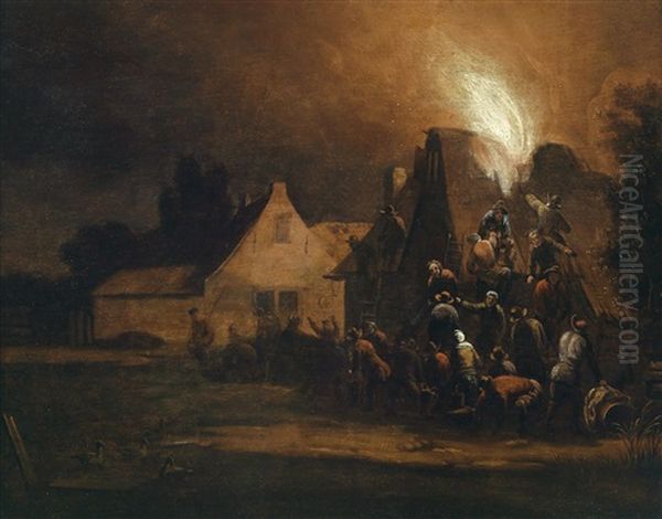 Ein Brennendes Haus In Einer Nachtlichen Stadt Oil Painting by Egbert van der Poel