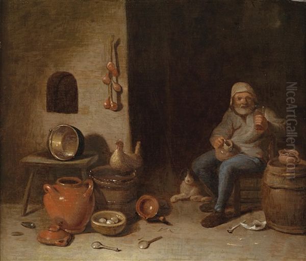Bauerliches Interieur Mit Einem Trinkenden Mann Oil Painting by Egbert van der Poel