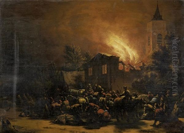 Nachtlicher Dorfbrand Oil Painting by Egbert van der Poel