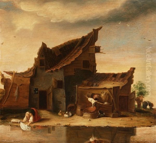 Bauernhutte Mit Angebautem Stall Vor Stillem Gewasser Oil Painting by Egbert van der Poel