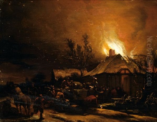 Nightly Scene Of Farmers Near A Burning Farm Oil Painting by Egbert van der Poel