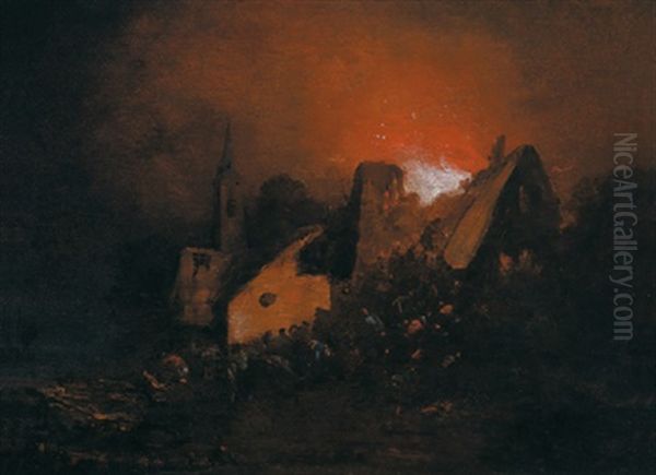 Nachtliche Feuersbrunst In Einem Dorf Oil Painting by Egbert van der Poel