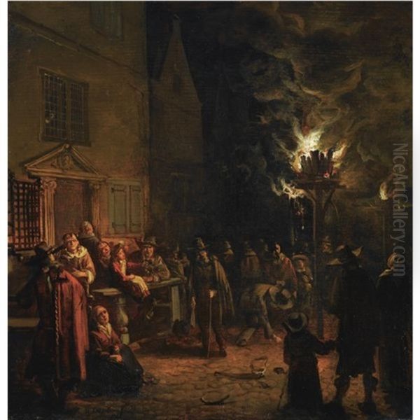 A Nocturnal Village Scene On The Oude Delft, With Numerous Figures Gathered Around A Burning Tar-barrel Oil Painting by Egbert van der Poel