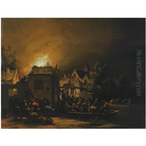 A Fire In A Village At Night With Villagers Trying To Extinguish It Oil Painting by Egbert van der Poel