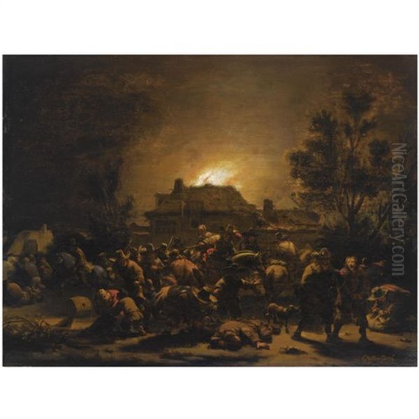 A Fire In A Village At Night, With Looting Soldiers In The Foreground Oil Painting by Egbert van der Poel