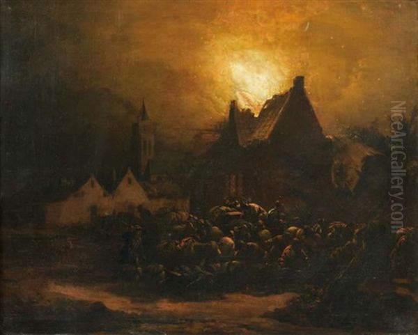 Villageois Fuyant Avec Leurs Betes Un Village En Feu La Nuit Oil Painting by Egbert van der Poel