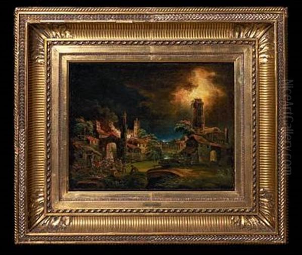 A Fire At Night In A Village During A Storm Oil Painting by Egbert van der Poel