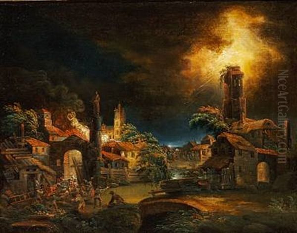 A Fire At Night In A Village During A Storm Oil Painting by Egbert van der Poel