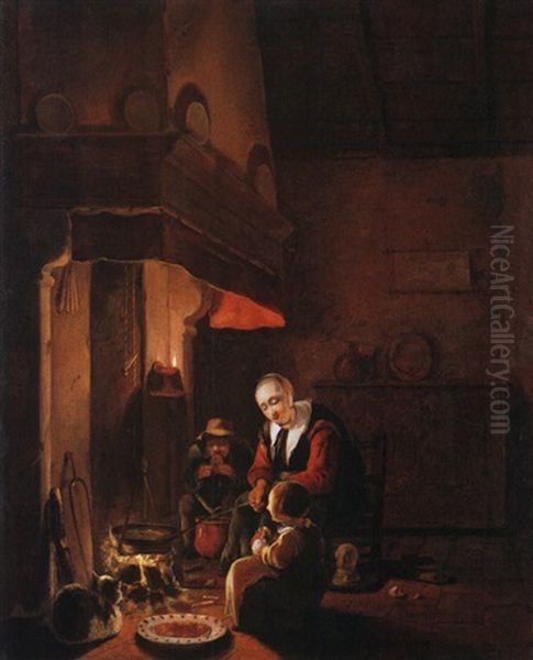 Interieur Mit Familie Beim Essen Am Kamin Oil Painting by Egbert van der Poel