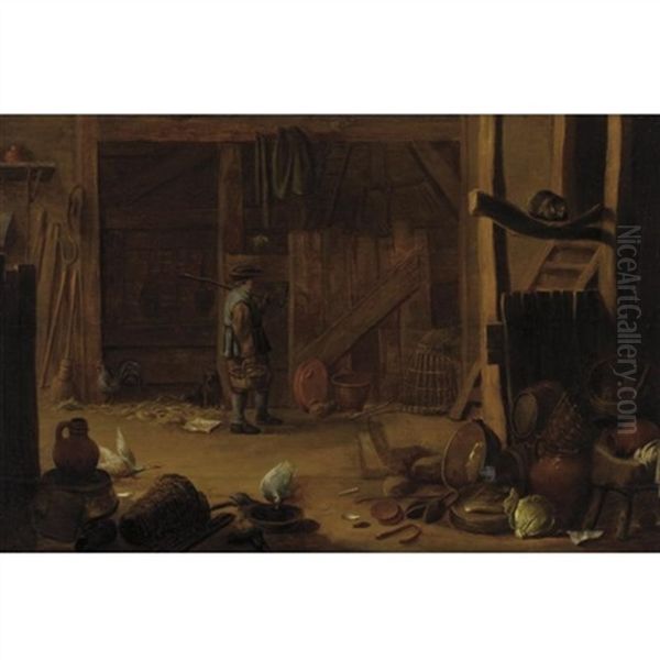 Barn Interior Oil Painting by Egbert van der Poel
