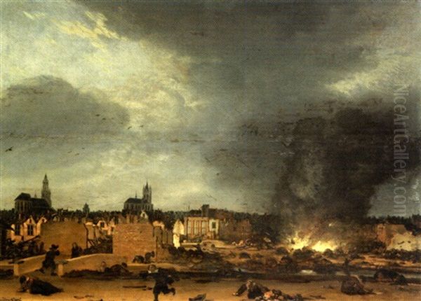 L'iincendie De La Poudriere De Delft Oil Painting by Egbert van der Poel