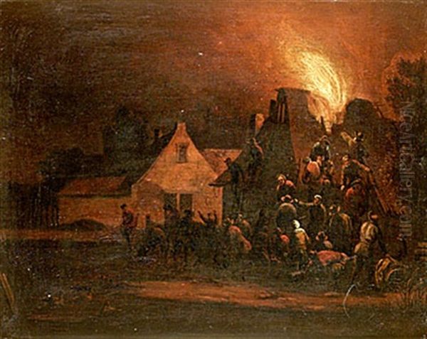 By Med Brinnande Hus Oil Painting by Egbert van der Poel