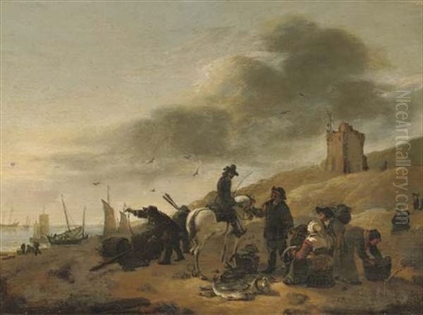 A Horseman Conversing With Fisherfolk On A Beach Oil Painting by Egbert van der Poel