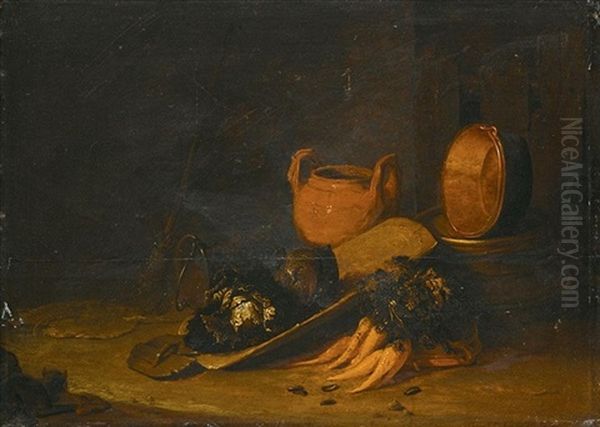 A Still Life With A Terracotta Urn, A Copper Basin, Cabbages And Carrots, Set In A Barn Interior Oil Painting by Egbert van der Poel