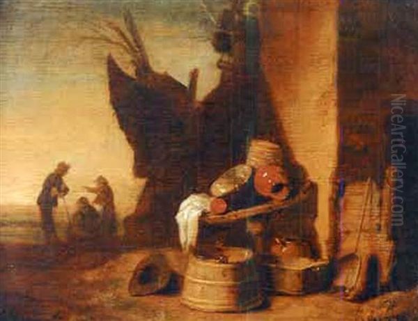 Nature Morte Aux Ustensiles Devant La Ferme Oil Painting by Egbert van der Poel