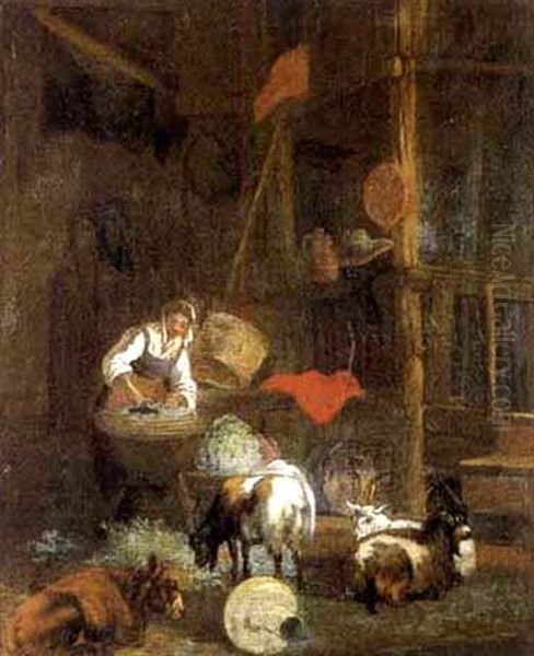 Stall Mit Bauerin Beim Futtern Der Ziegen Oil Painting by Egbert van der Poel