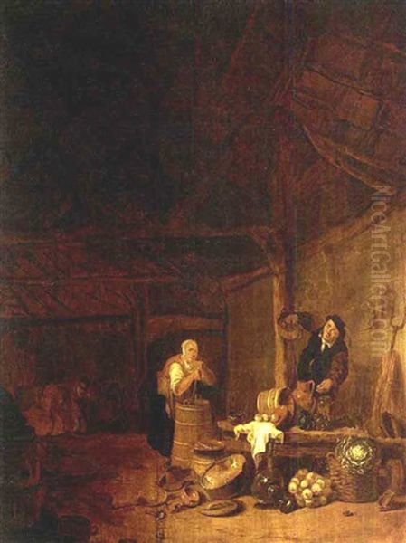A Barn Interior With A Man Picking Eggs From A Basket And A Woman Stirring In A Wooden Barrel, With A Kitchen Still Life With Pots, Pans And Vegetables In The Foreground Oil Painting by Egbert van der Poel