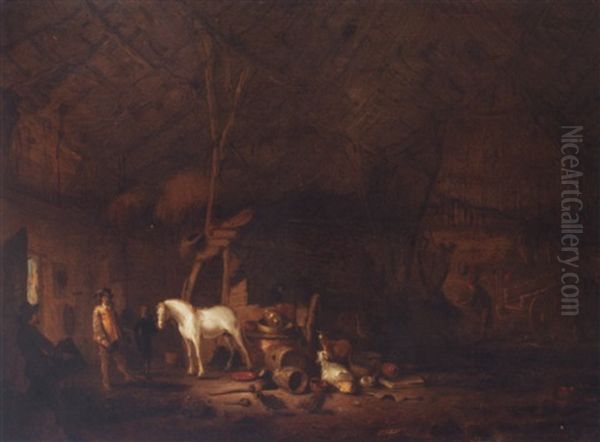 A Barn Interior With Cavalier And His Horse Oil Painting by Egbert van der Poel