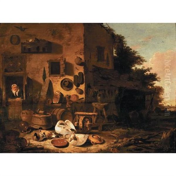 A Kitchenmaid At The Doorway Of A Farmhouse With Ducks And Geese In The Foreground Oil Painting by Egbert van der Poel