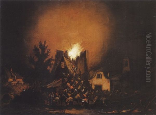 Scene D'incenide En Pleine Nuit Oil Painting by Egbert van der Poel