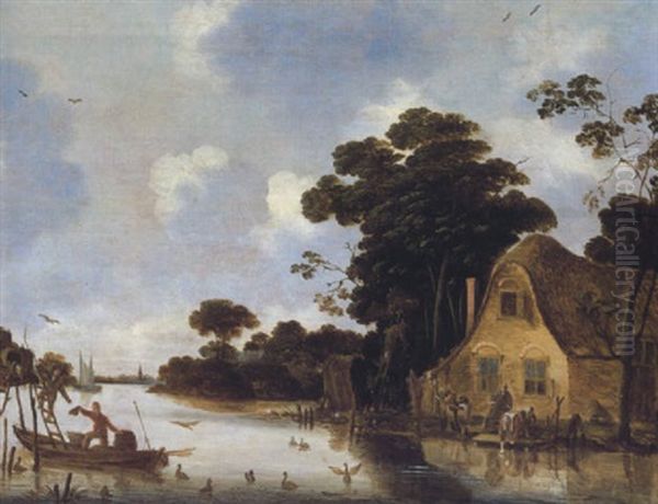 Bauernhaus An Einem Flus Mit Figuren Und Einem Boot Oil Painting by Egbert van der Poel