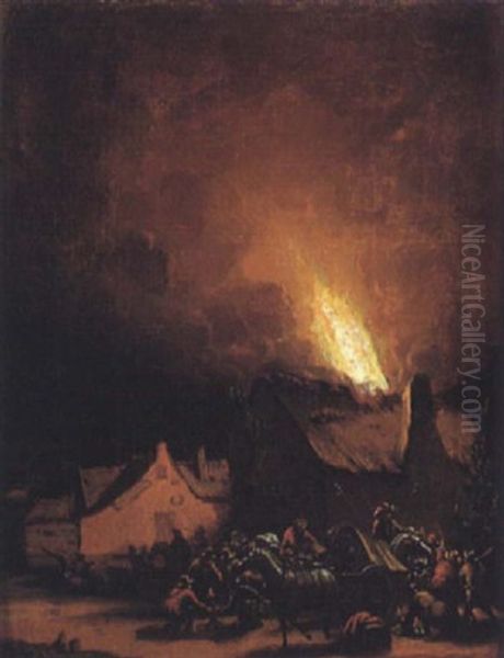 Nachtliche Feuerbrunst In Einem Dorf Oil Painting by Egbert van der Poel
