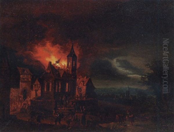 A Nocturnal Townscape With A Church On Fire Oil Painting by Egbert van der Poel