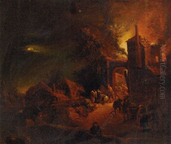 A House On Fire At Night Oil Painting by Egbert van der Poel