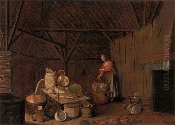 The Interior Of Barn With A Woman Washing Clothes Oil Painting by Egbert van der Poel