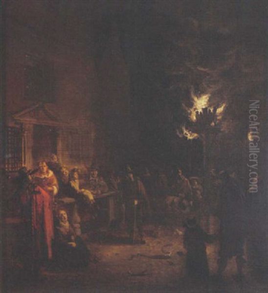 A Street Scene With Figures Standing Around A Tar Barrel Oil Painting by Egbert van der Poel
