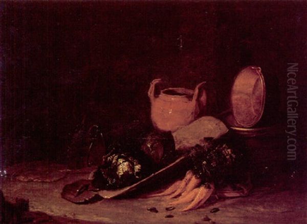 A Barn Interior With A Still Life Of Cabbage, Turnips, A Terracotta Urn, A Copper Pan, A Barrel, A Pale And Broom, A Cat In The Foreground Oil Painting by Egbert van der Poel
