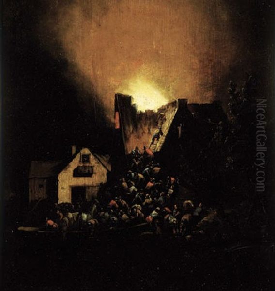 A House On Fire At Night With Peasants Coming To Rescue Oil Painting by Egbert van der Poel