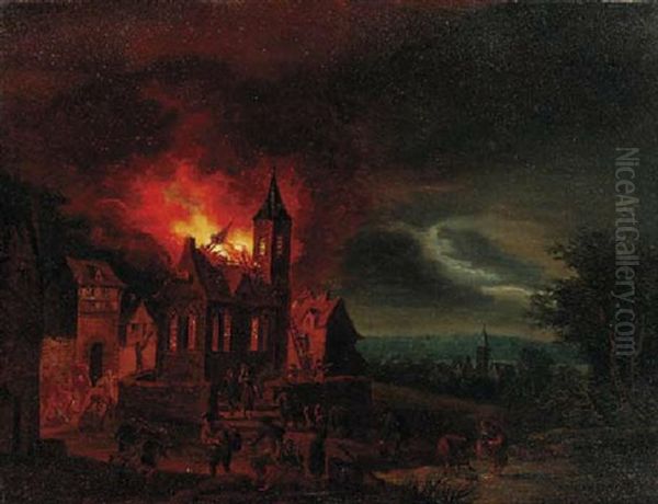 A Church Fire In A Town At Night, An Extensive Landscape Beyond Oil Painting by Egbert van der Poel