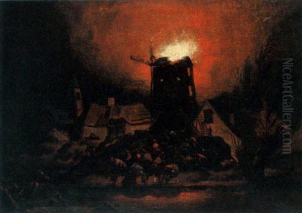 A Mill On Fire By Night Oil Painting by Egbert van der Poel