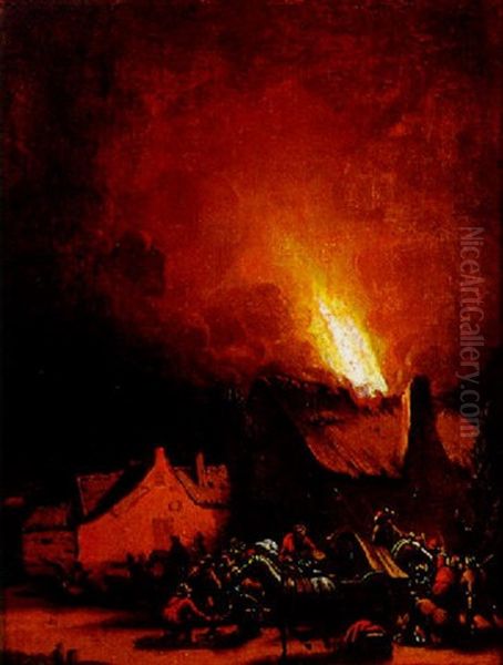 Nachtliche Feuersbrunst In Einem Dorf Oil Painting by Egbert van der Poel