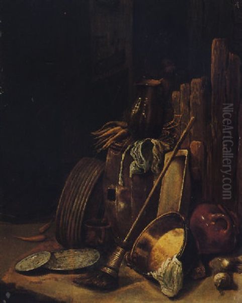 Still Life Of A Broom, Carrots, Turnips, Jugs And Pewter Vessels In A Courtyard, With A Man Peering Through A Window Beyond Oil Painting by Egbert van der Poel
